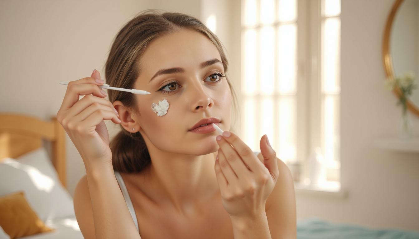 Gentle acne treatment applied carefully to a lip pimple