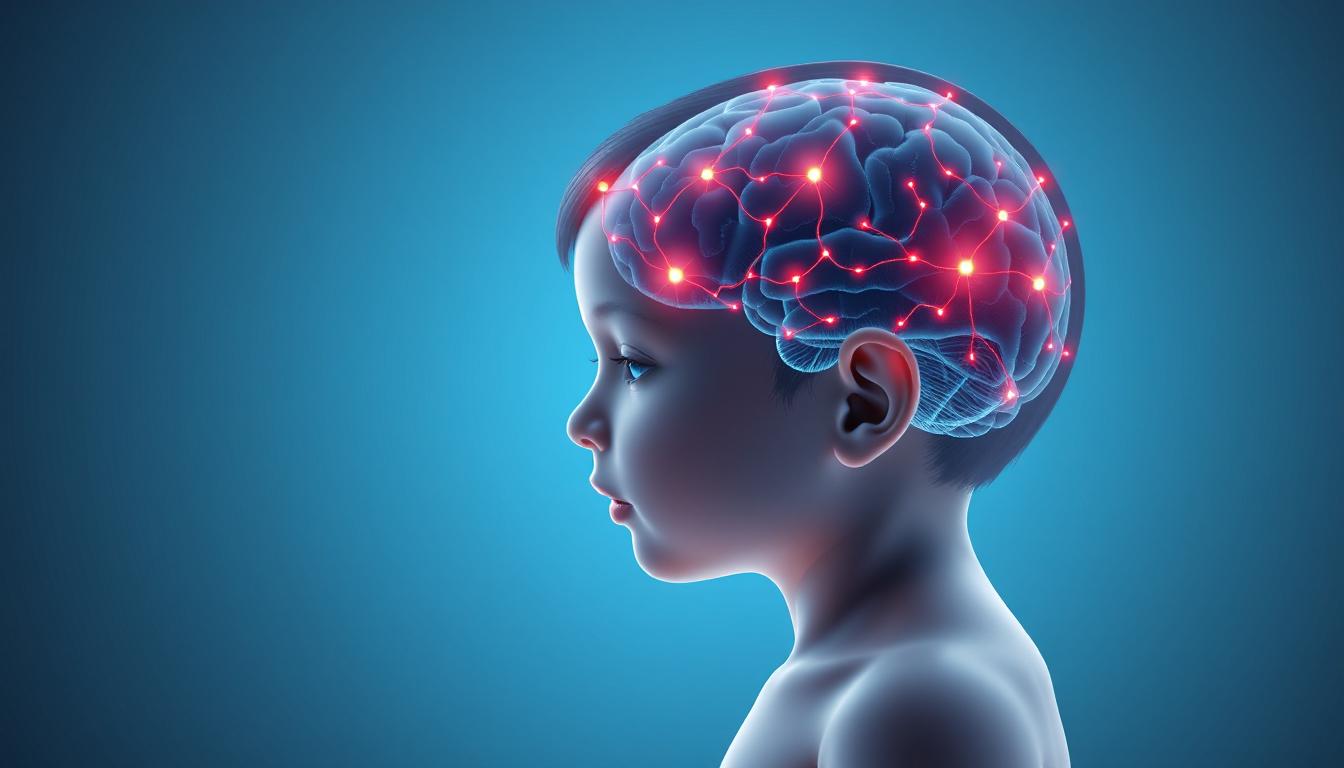 Scientific medical visualization showing infant brain development and neural connections associated with developmental delays in infants.