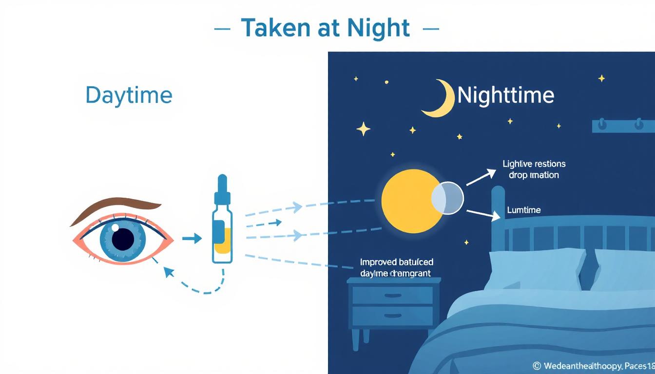 Medical illustration showing how Lumigan works inside the eye overnight to help reduce eye pressure.