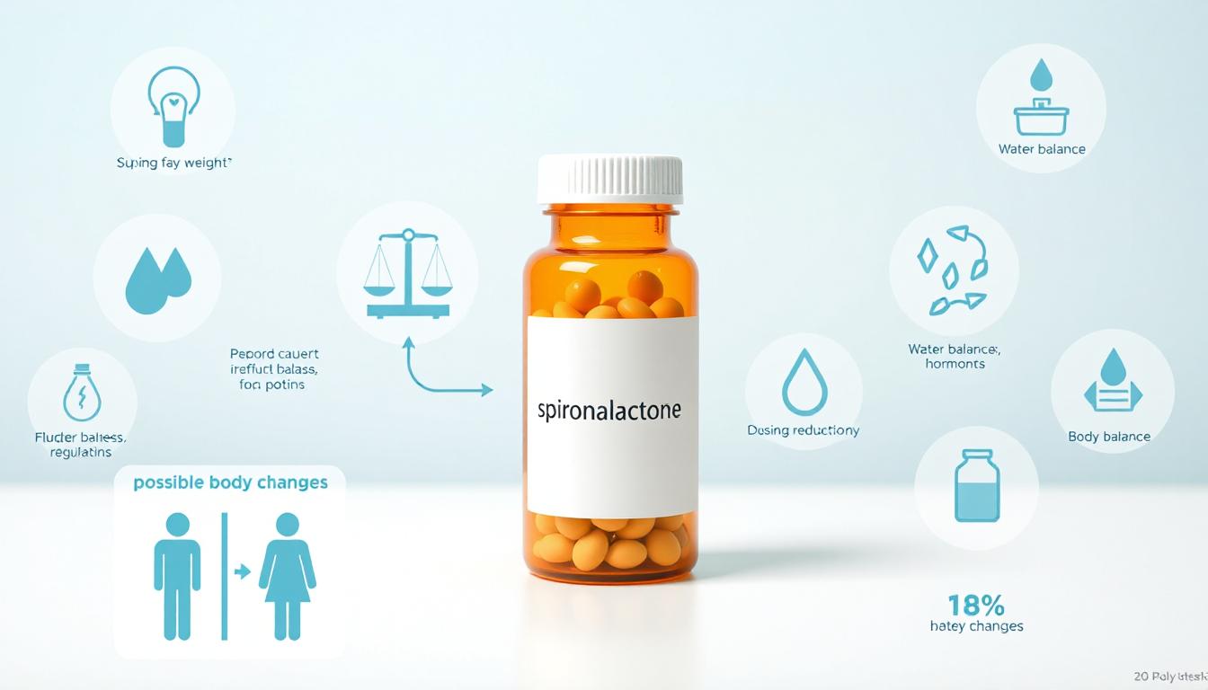 Educational medical infographic explaining whether spironolactone can cause weight gain and how the medication affects fluid balance and body weight.