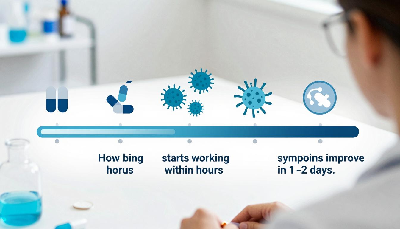 Scientific visualization showing how clindamycin reduces bacteria over time and how quickly it starts working in the body.