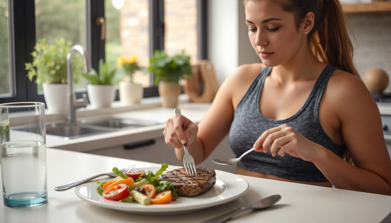 Nutritional infographic showing whether steak is good for weight loss with protein benefits, portion control, and balanced meal ideas.